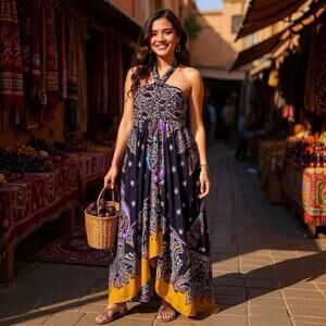 Express Y2K Silk Paisley Halter Neck Handkerchief Maxi Dress Sz 2 Boho Resort